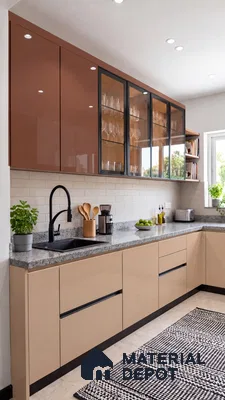 Kitchen with Metallic Russet and Taupe High-Gloss Laminate and White Brick Tile