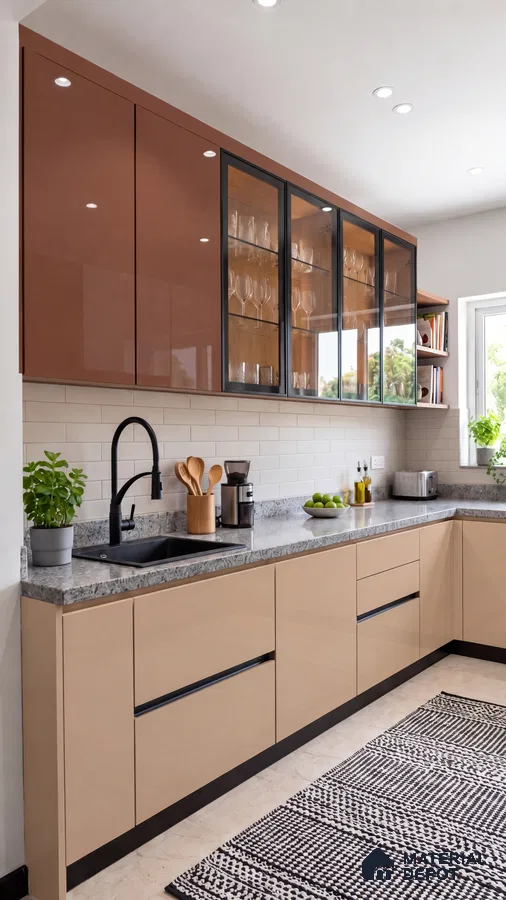 Kitchen with Metallic Russet and Taupe High-Gloss Laminate and White Brick Tile
