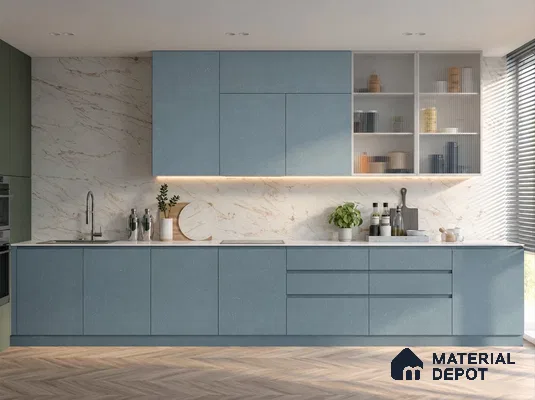 Kitchen with Midnight Blue Sparkle High-Gloss Laminate and White Marble Backsplash
