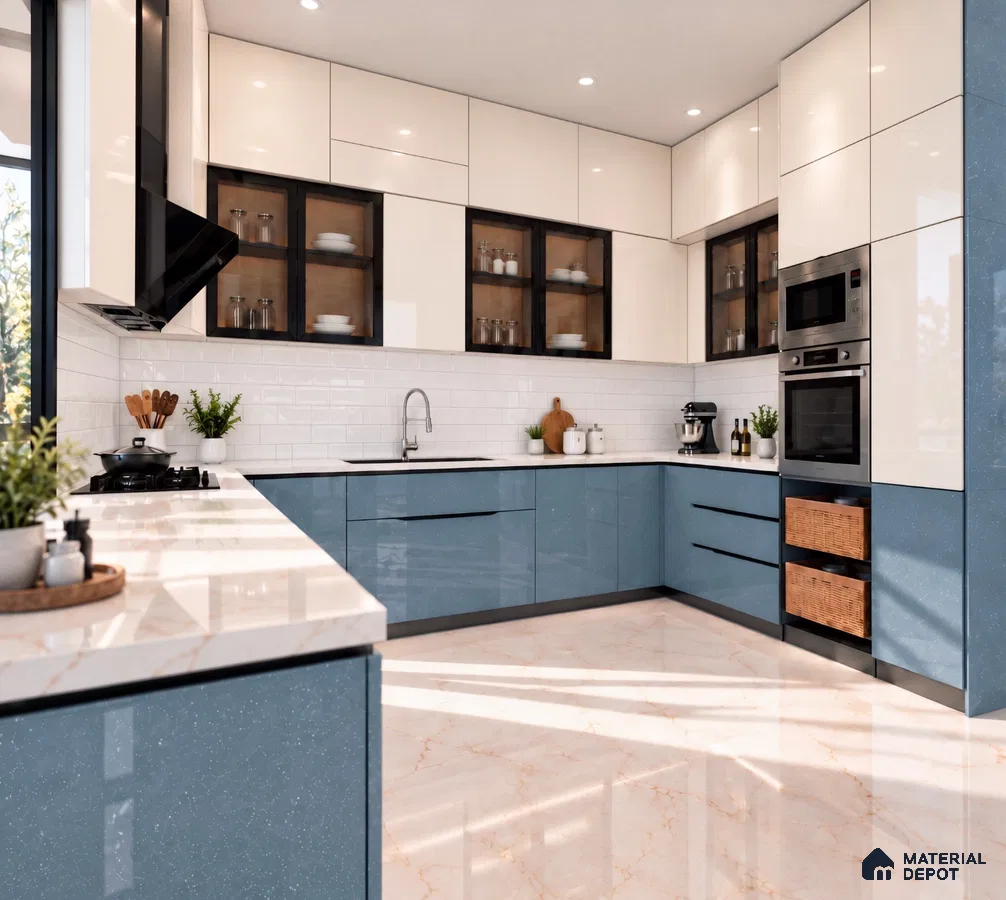 Kitchen with Midnight Blue Sparkle High-Gloss Laminate and White Marble Backsplash