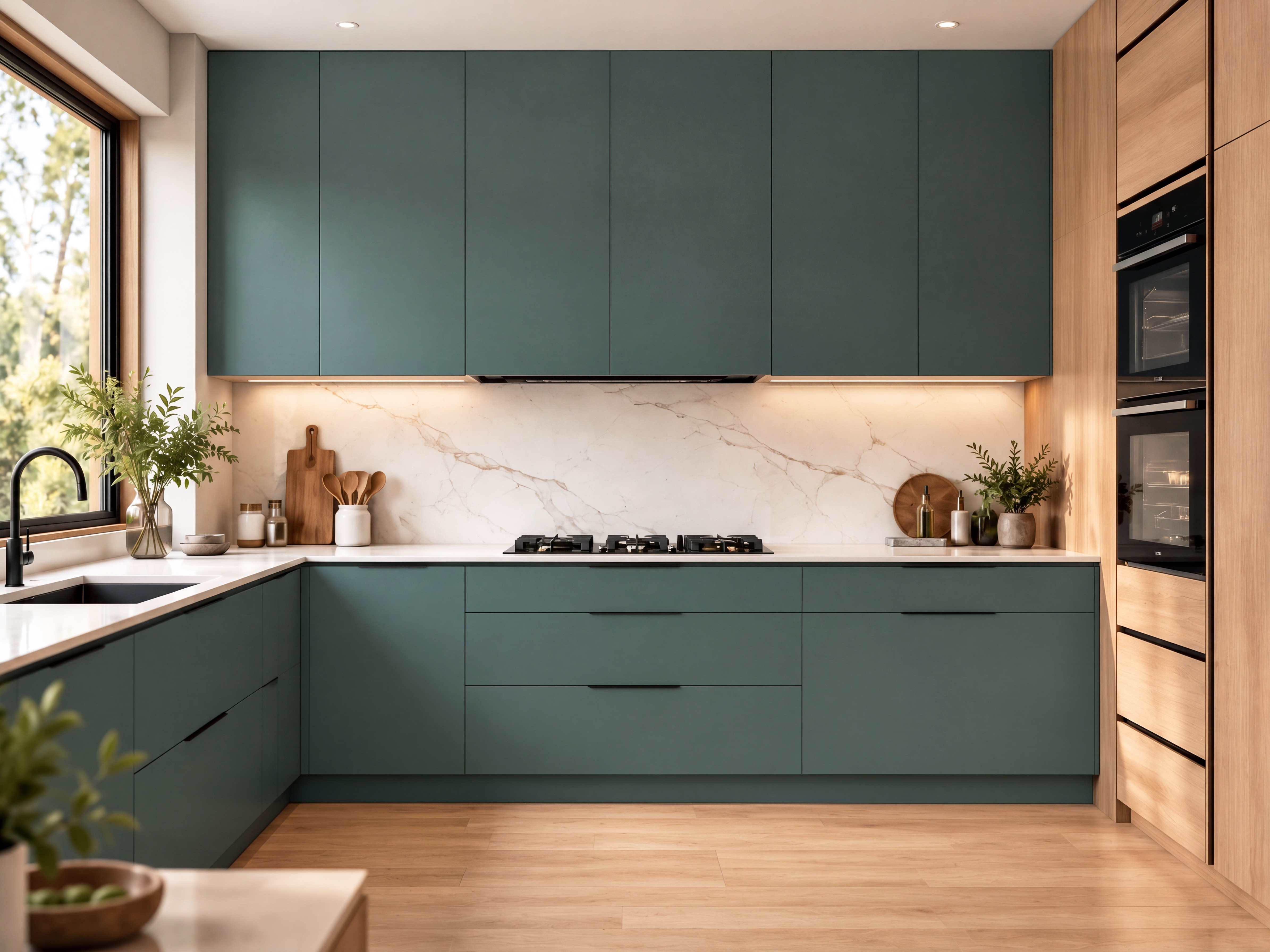 Kitchen with Mineral Teal Suede Laminate and White Marble Backsplash
