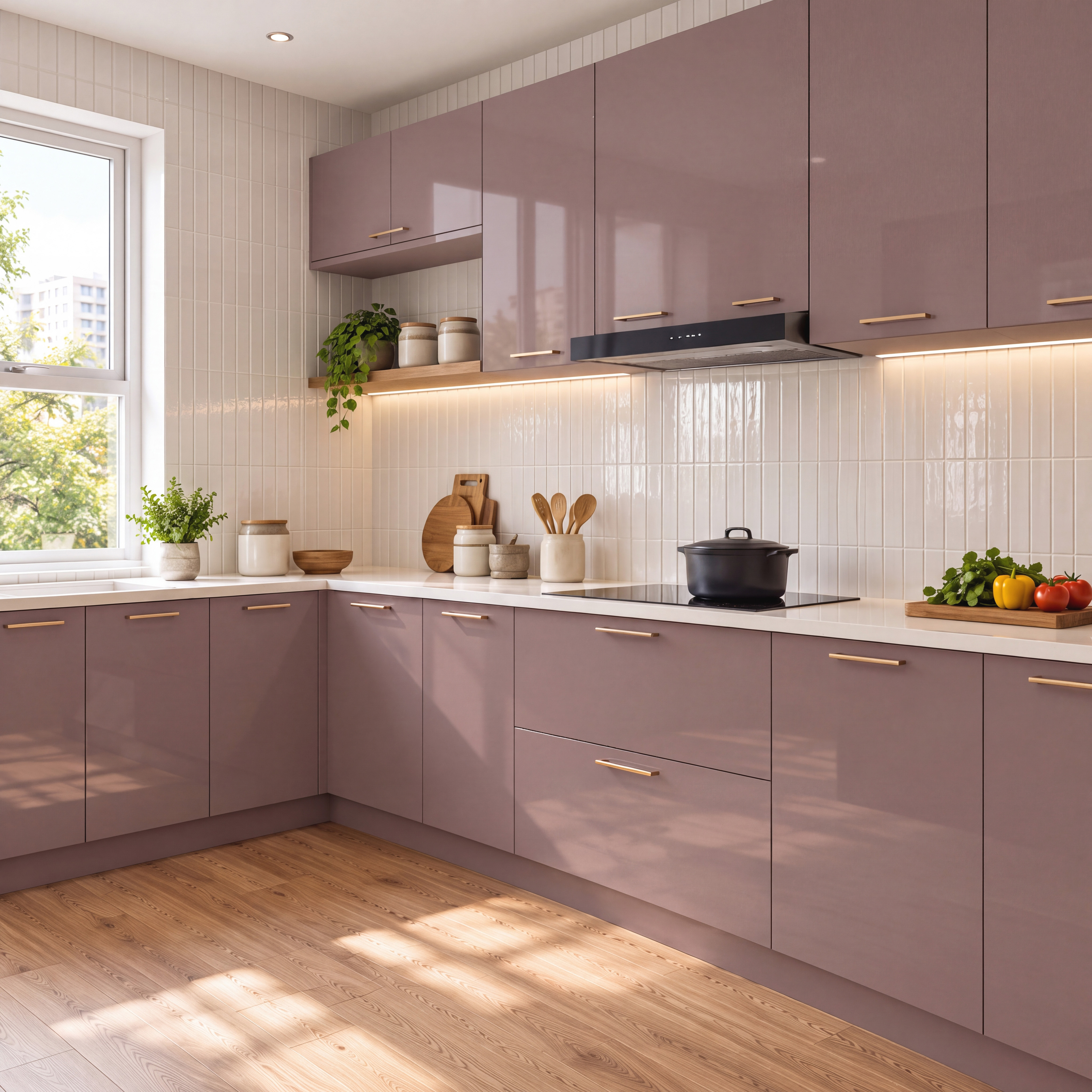 Kitchen with Mint Green and White High-Gloss Laminate and Marble Backsplash