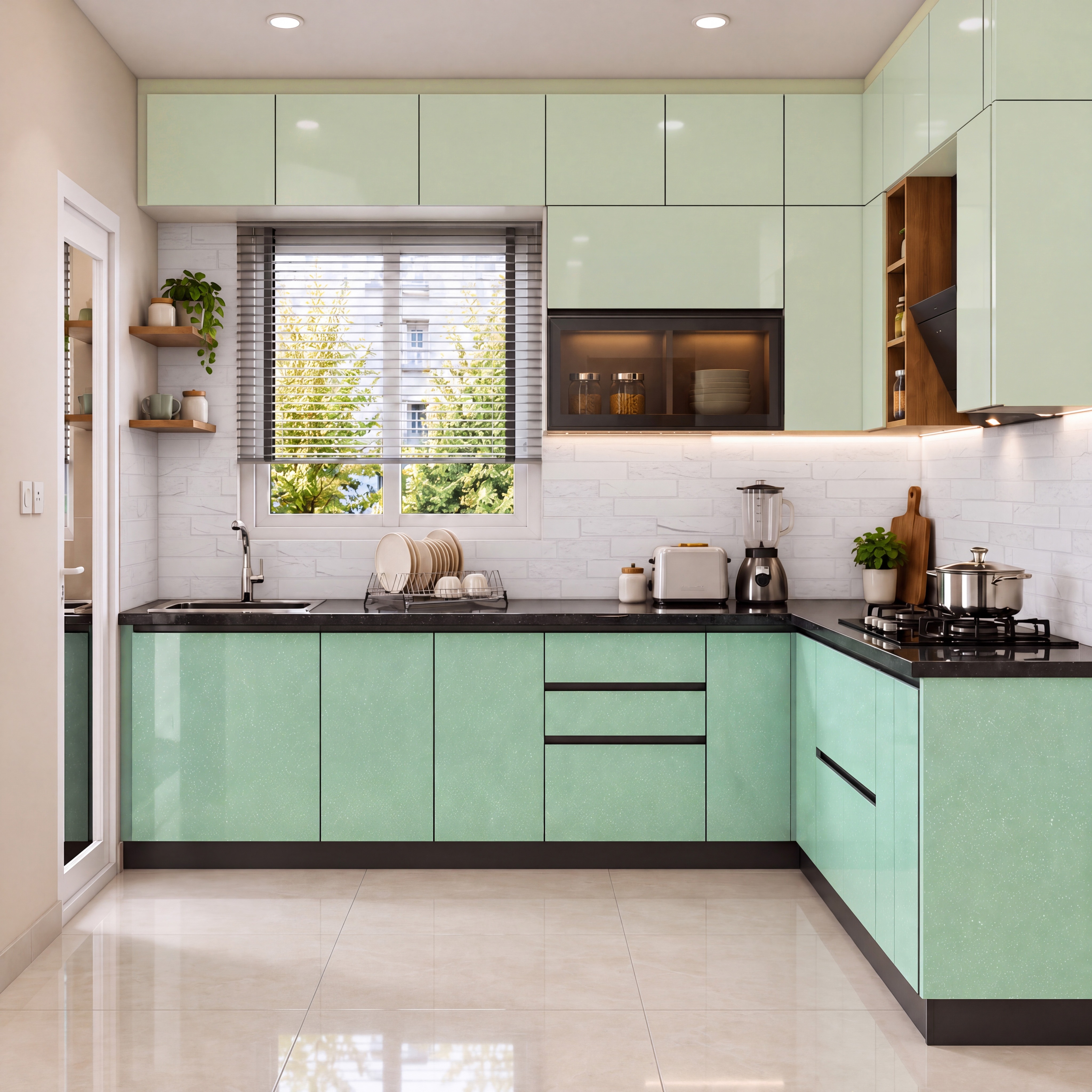 Kitchen with Mint Sparkle and Pale Olive Green High-Gloss Laminate