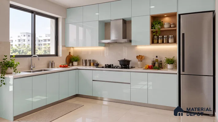 Kitchen with Pale Aqua High-Gloss Laminate and Beige Marble Backsplash