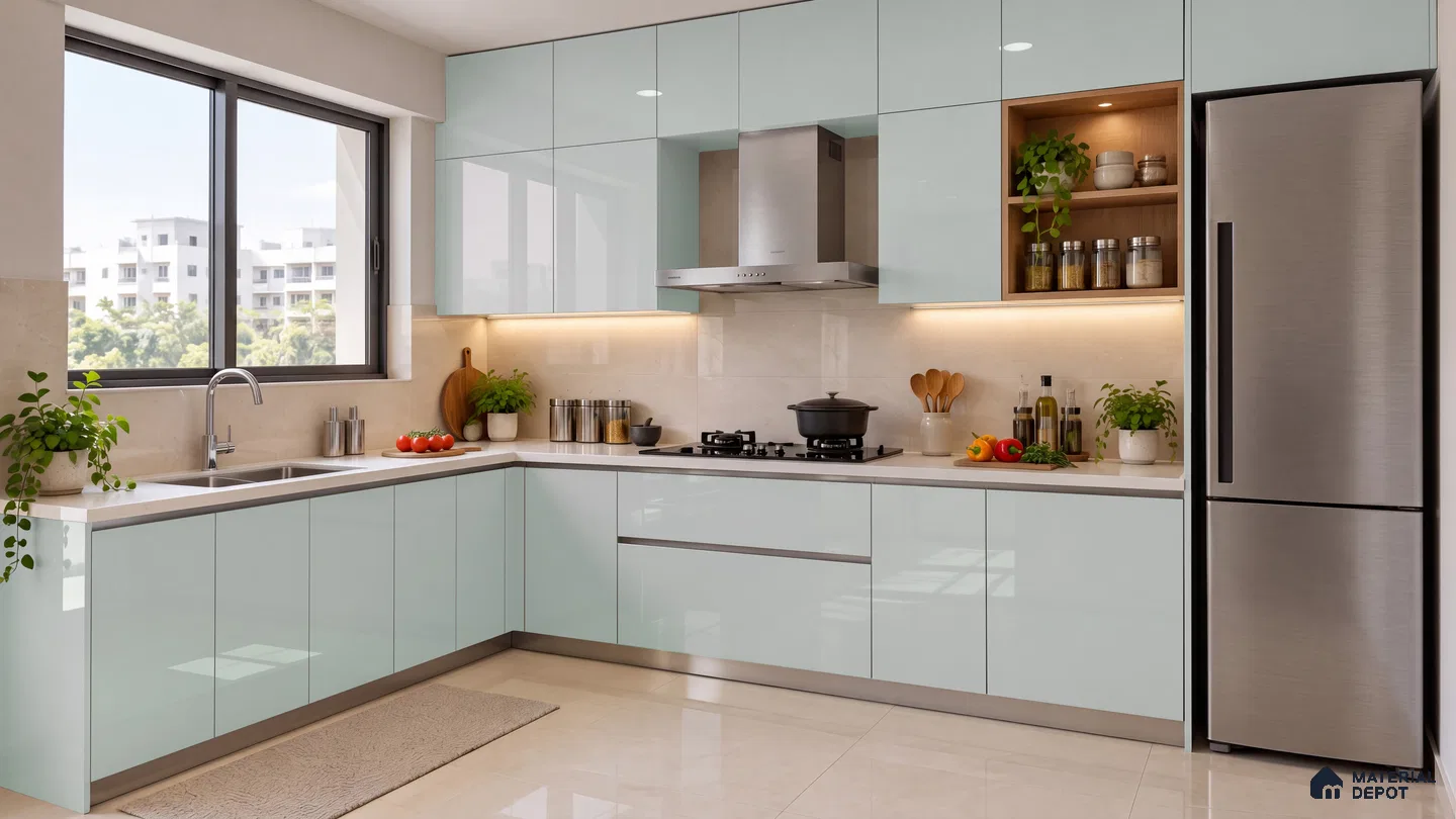 Kitchen with Pale Aqua High-Gloss Laminate and Beige Marble Backsplash
