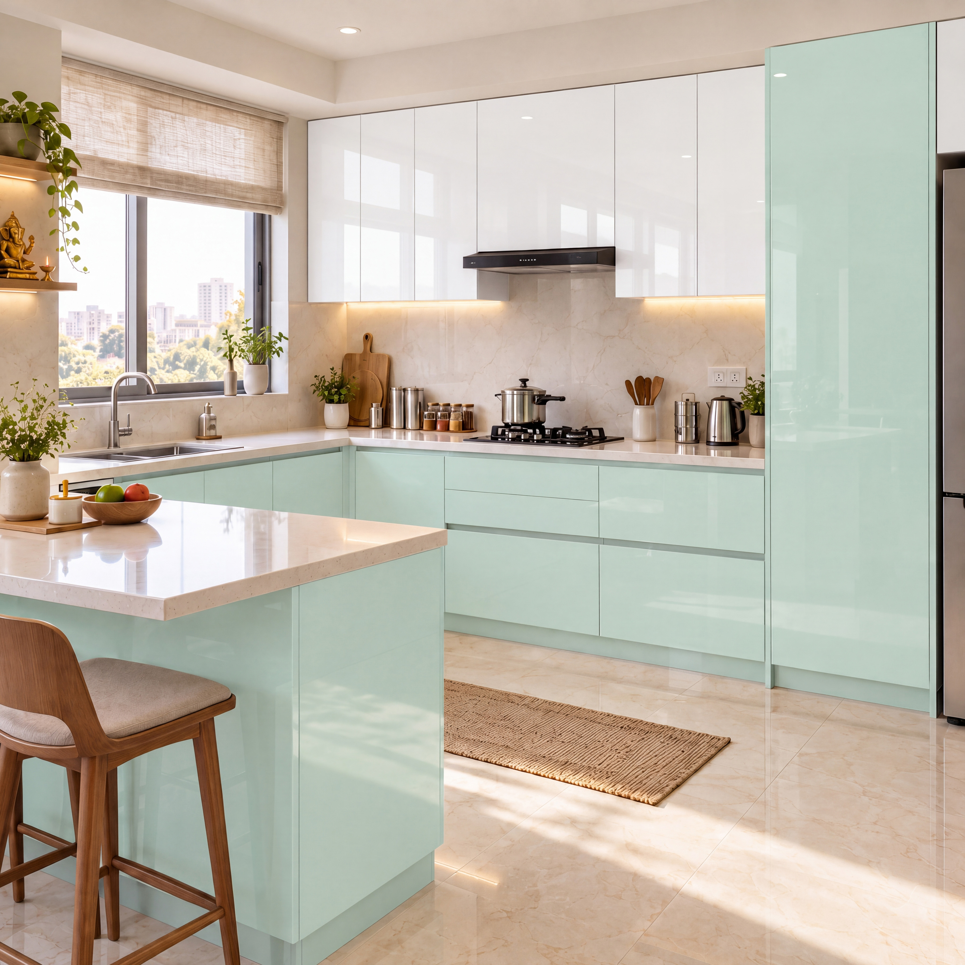 Kitchen with Pale Turquoise and White High-Gloss Laminate and Beige Marble Backsplash