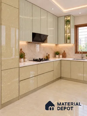 Kitchen with Rodeo Dust and Flaxen Cream Fluted Laminate and Marble Backsplash
