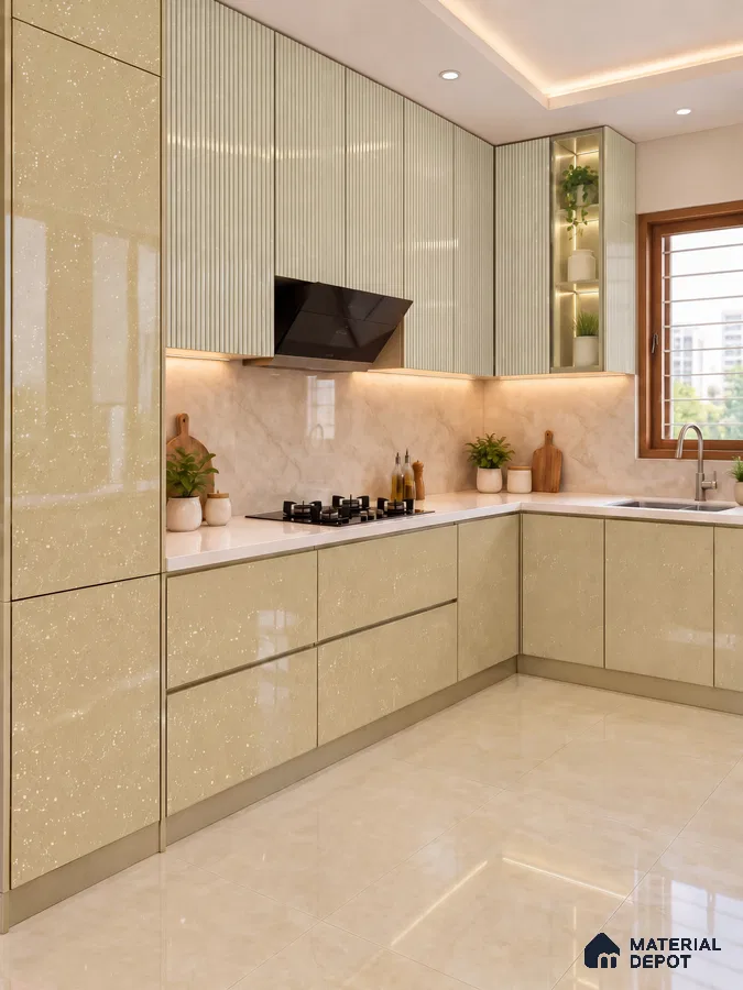 Kitchen with Rodeo Dust and Flaxen Cream Fluted Laminate and Marble Backsplash