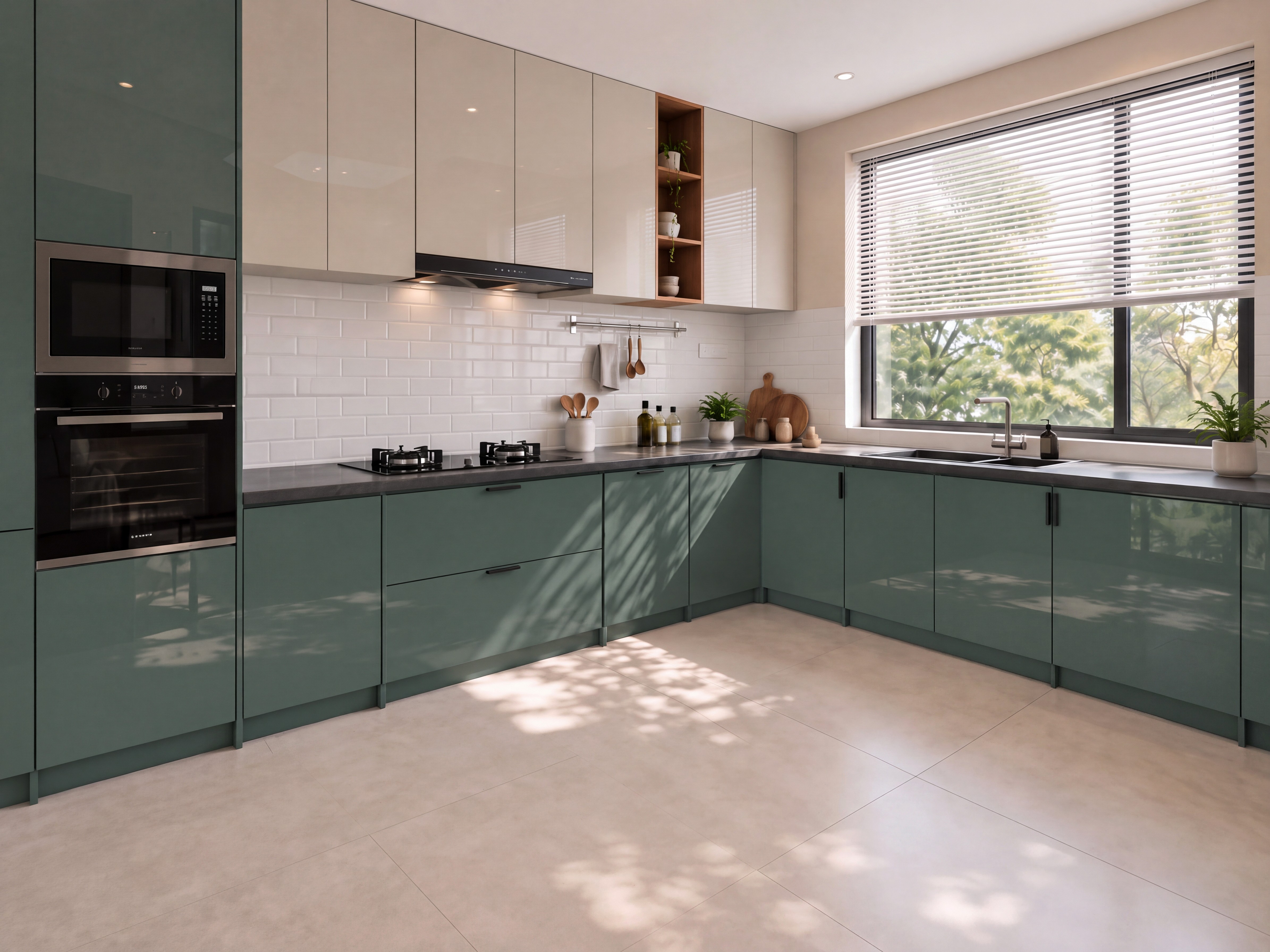 Kitchen with Sage Green and Light Beige High-Gloss Laminate