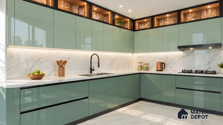 Kitchen with Sage Green High-Gloss Laminate and White Marble Backsplash Tile