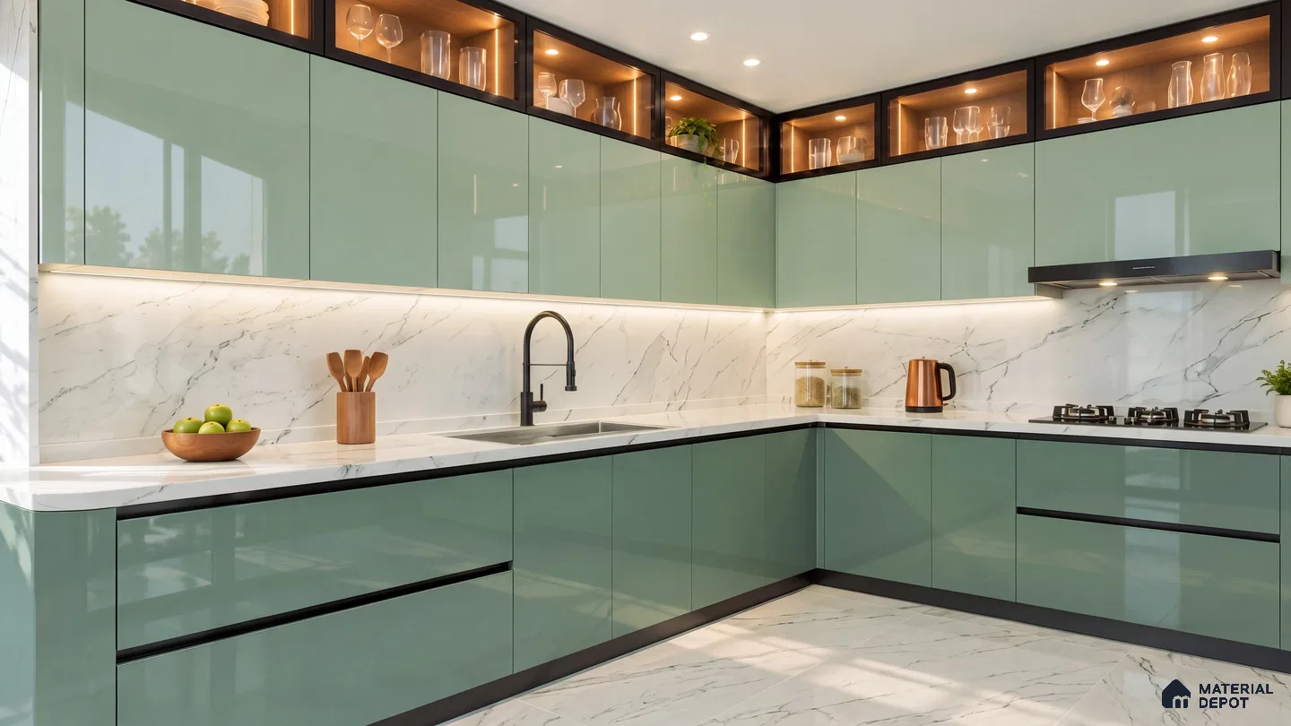 Kitchen with Sage Green High-Gloss Laminate and White Marble Backsplash Tile