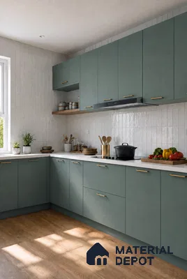 Kitchen with Sage Green Matte Laminate, Green Subway Backsplash Tile and Wood Floor Tile