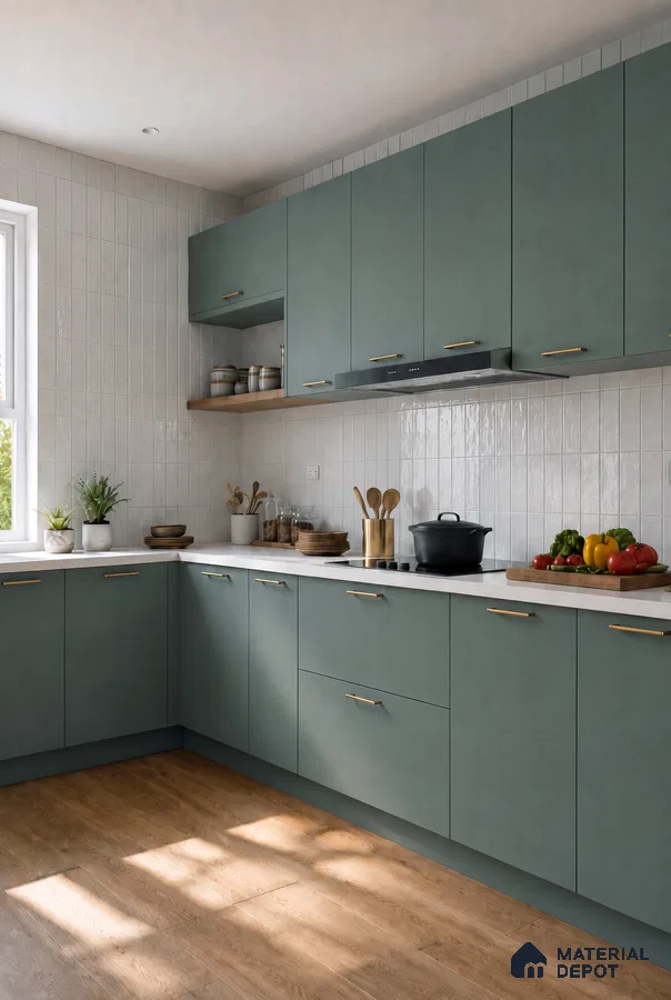 Kitchen with Sage Green Matte Laminate, Green Subway Backsplash Tile and Wood Floor Tile