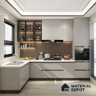 Kitchen With Sage Silky Cabinets And Wood Countertops | Material Depot