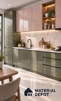 Kitchen with Shimmering Rose and Sage High-Gloss Laminate and Marble Backsplash Tile