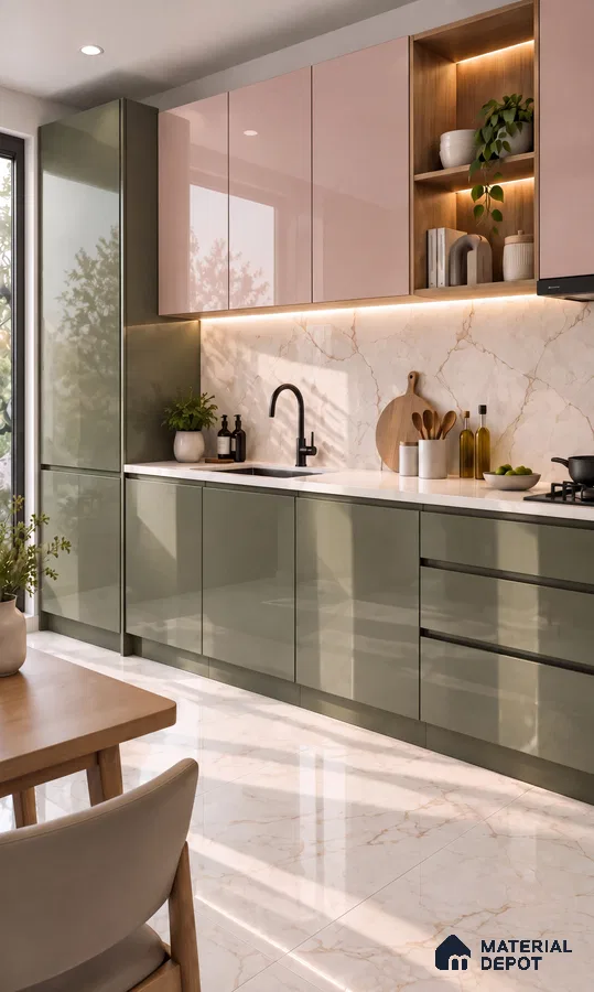 Kitchen with Shimmering Rose and Sage High-Gloss Laminate and Marble Backsplash Tile