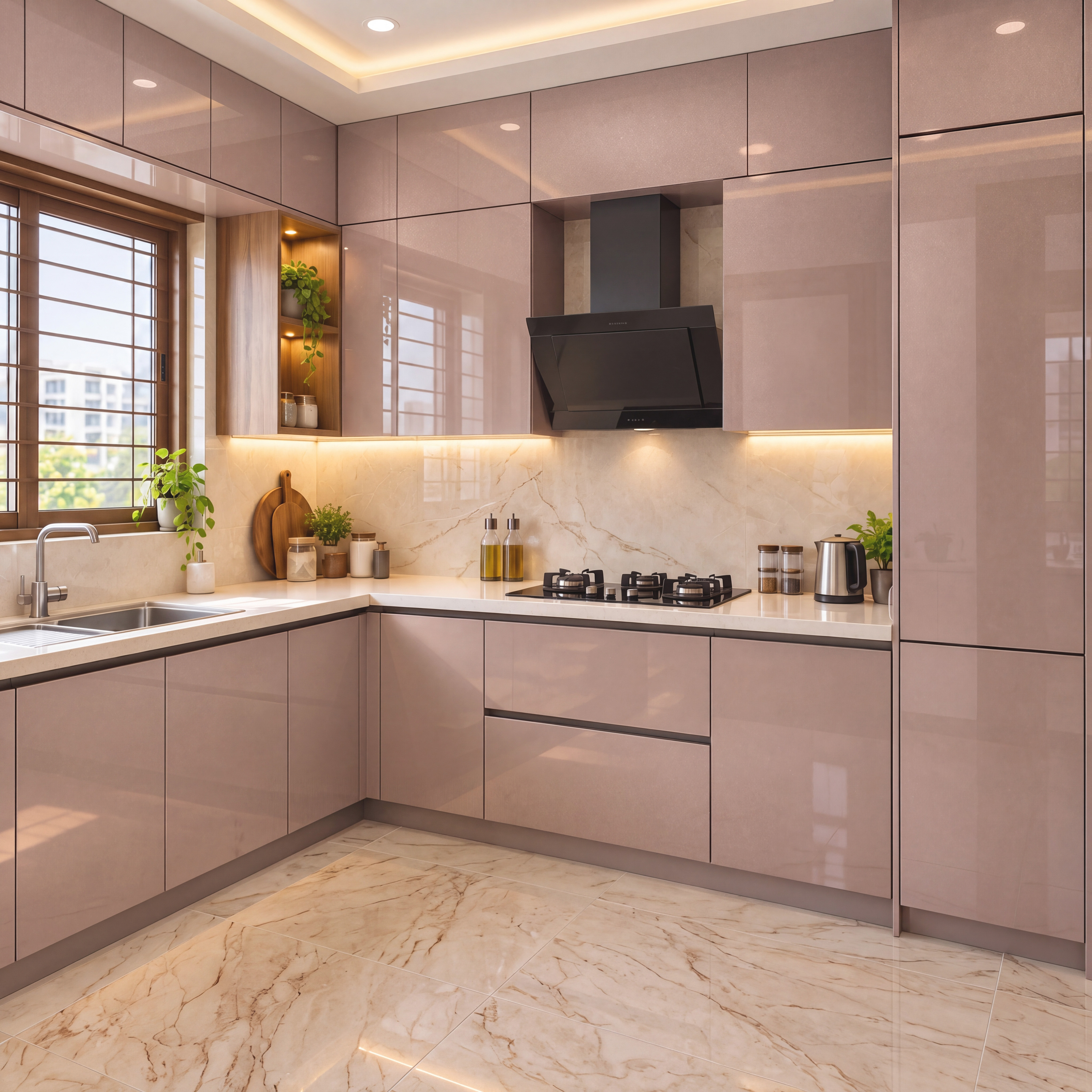 Kitchen with Shimmering Rose High-Gloss Laminate and Almond Cream Marble Tile