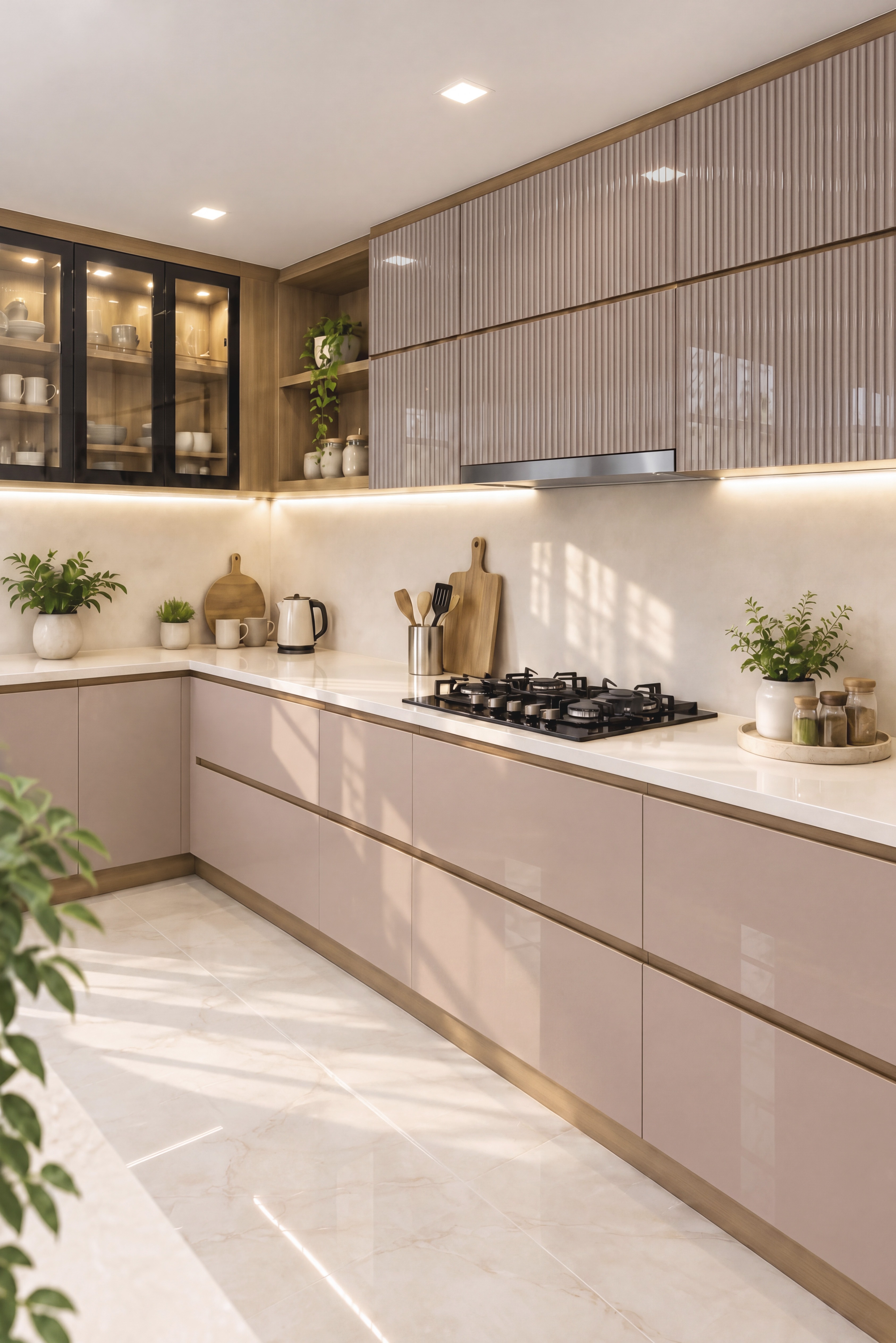 Kitchen with Taupe Beige Fluted Gloss and Metallic Beige High-Gloss Laminate