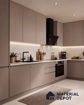 Kitchen with Taupe Matte Laminate, White Subway Backsplash Tile and Marble-Look Floor Tile