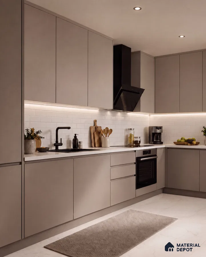 Kitchen with Taupe Matte Laminate, White Subway Backsplash Tile and Marble-Look Floor Tile