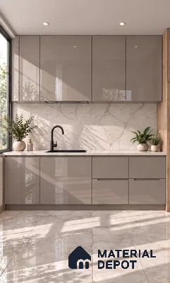 Kitchen with Thunder Grey High-Gloss Laminate and Almond Cream Marble Tile