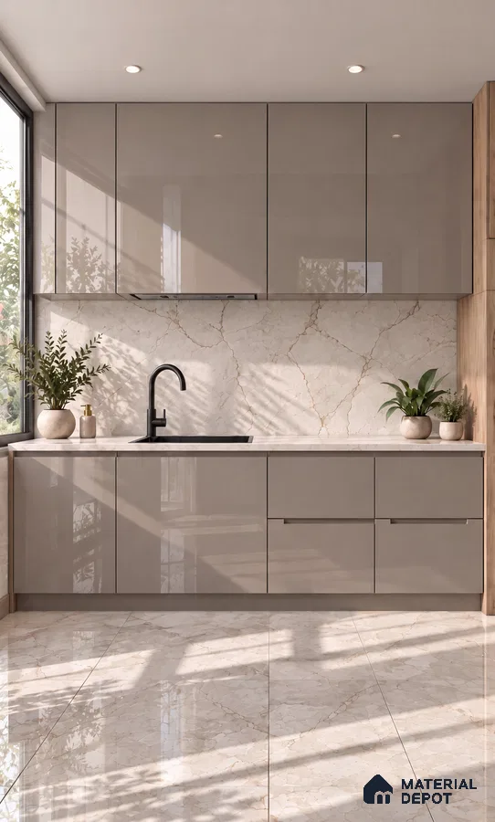 Kitchen with Thunder Grey High-Gloss Laminate and Almond Cream Marble Tile