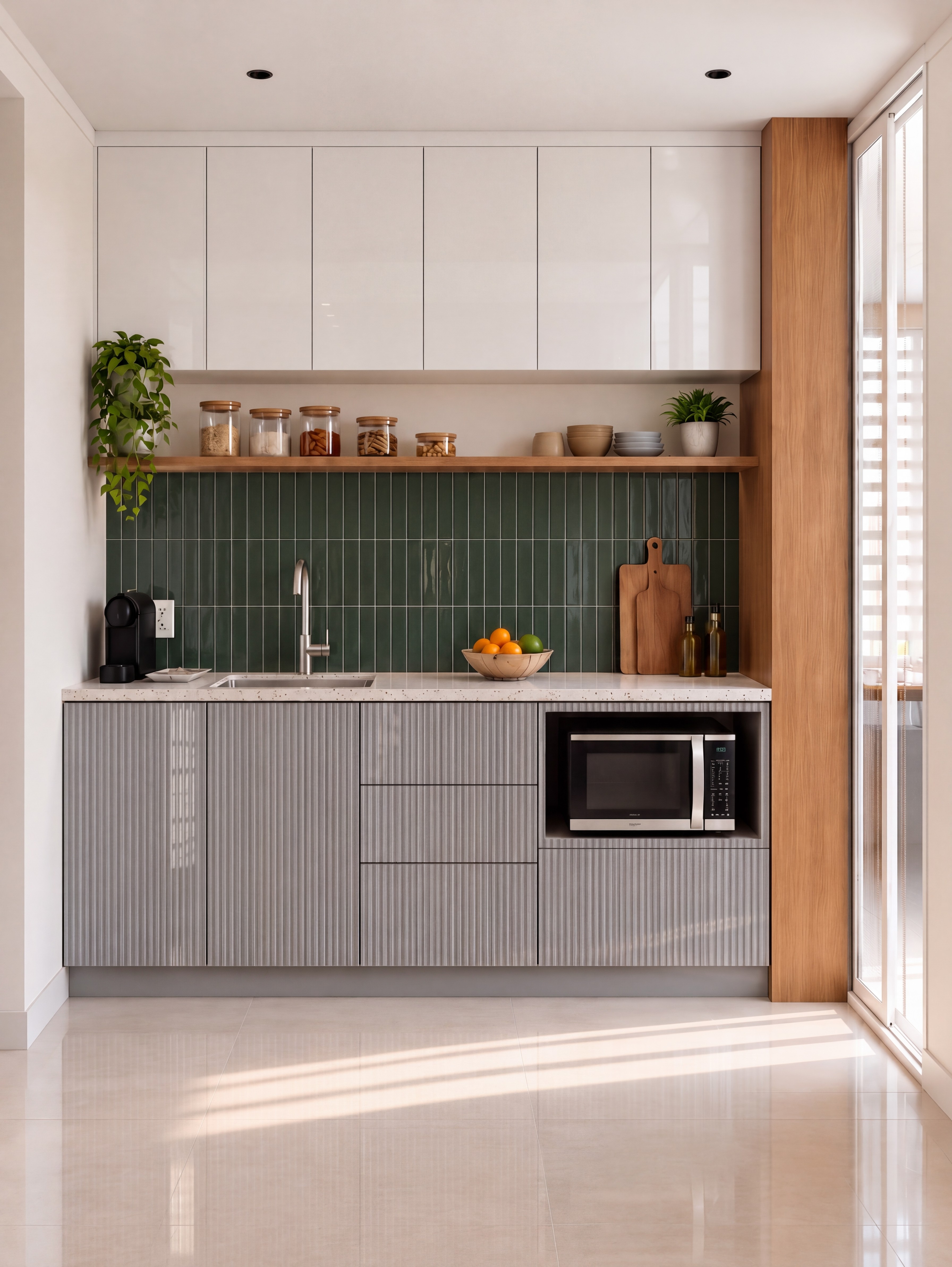 Kitchen with Titanium Grey Glossy Fluted and Ivory White High-Gloss Laminate