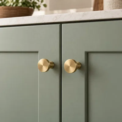Knobs - brushed brass round knobs on sage green shaker cabinet doors