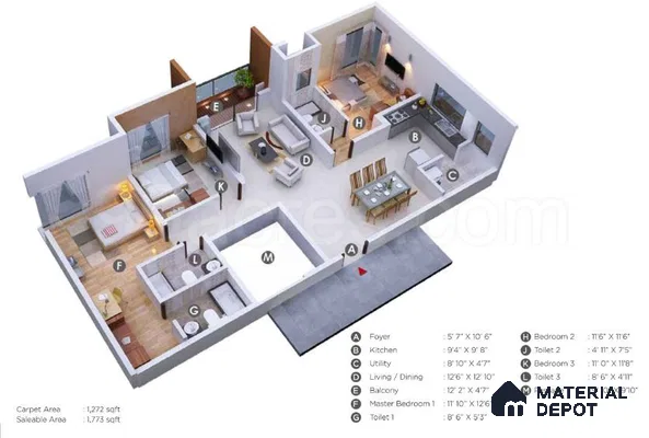 Modern open plan living and dining with wood flooring, white paint, and contemporary furniture of 3 BHK apartment in Kumar Princetown Jalahalli Bengaluru