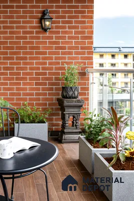 Modern balcony with brick look wall tiles and wood look floor tiles of 3 BHK apartment in Kumar Princetown Jalahalli Bengaluru