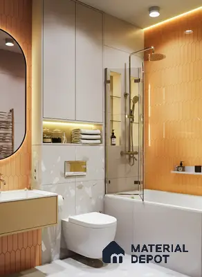 Modern bathroom with orange elongated hexagonal wall tiles and terrazzo floor tiles of 3 BHK apartment in Kumar Princetown Jalahalli Bengaluru