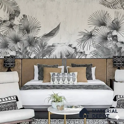 Bohemian bedroom with tropical monochrome wallpaper, cane headboard, and patterned textiles of 3 BHK apartment in Kumar Princetown Jalahalli Bengaluru