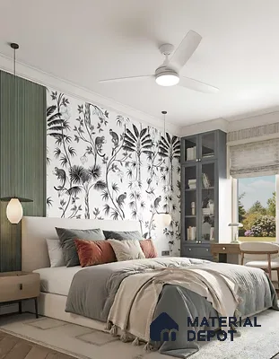 Modern bedroom with monochrome tropical wallpaper, sage green fluted wall panels, and neutral upholstery of 3 BHK apartment in Kumar Princetown Jalahalli Bengaluru