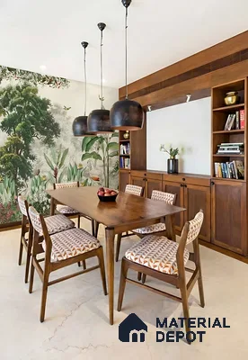 Mid-century modern dining room with walnut wood furniture and tropical wallpaper accent of 3 BHK apartment in Kumar Princetown Jalahalli Bengaluru