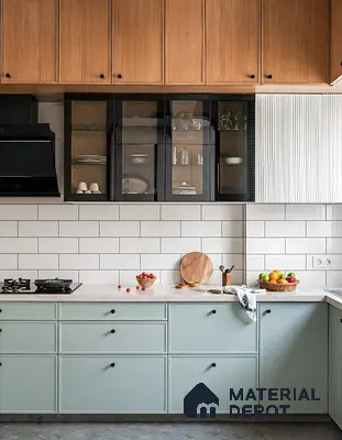 Scandinavian kitchen with oak wood laminate, pastel blue laminate, and white subway tile backsplash of 3 BHK apartment in Kumar Princetown Jalahalli Bengaluru