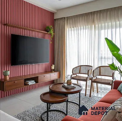 Mid-century modern living room with terracotta fluted wall panels and walnut wood TV unit of 3 BHK apartment in Kumar Princetown Jalahalli Bengaluru