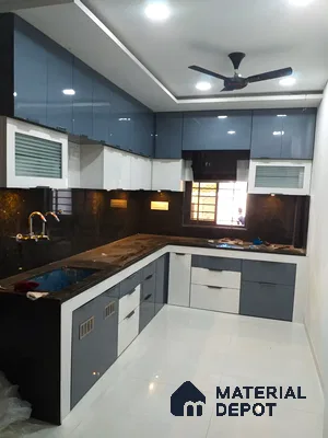 L Shaped Glossy Grey And White Kitchen | Material Depot
