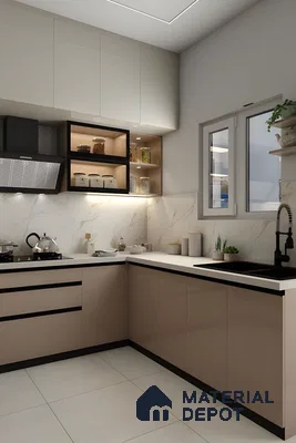 L-Shaped Modular Kitchen Design In Cappuccino And White | Material Depot
