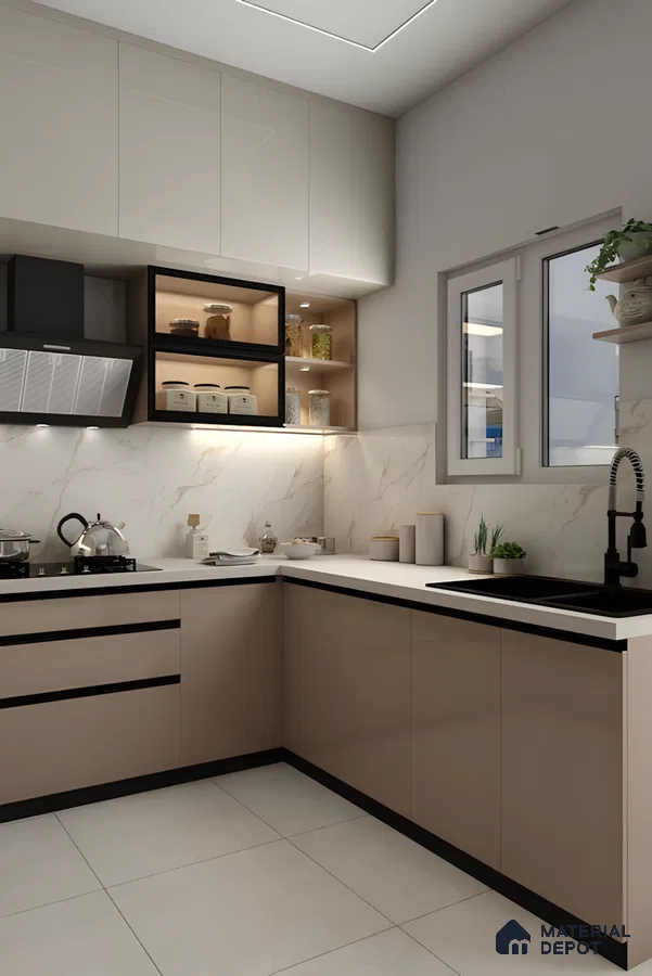 L-Shaped Modular Kitchen Design In Cappuccino And White | Material Depot