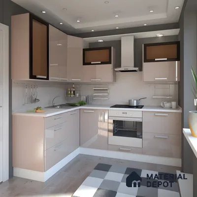 L-Shaped Modular Kitchen Design In Glossy Beige And Brown | Material Depot
