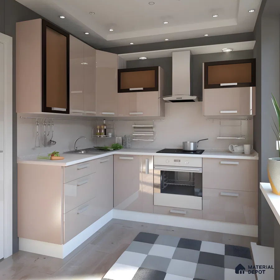 L-Shaped Modular Kitchen Design In Glossy Beige And Brown | Material Depot