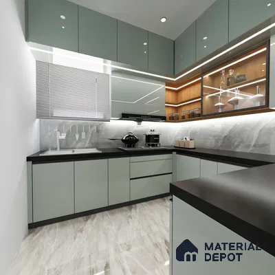 L-Shaped Modular Kitchen Interior Design With Green And Wood Accents | Material Depot