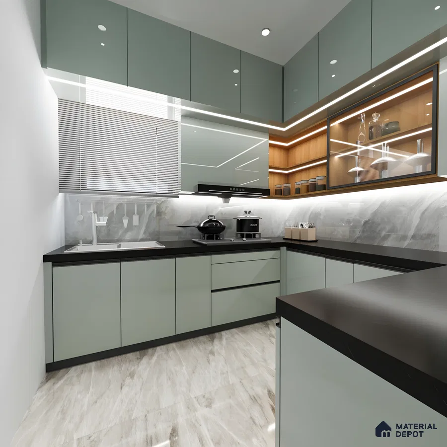 L-Shaped Modular Kitchen Interior Design With Green And Wood Accents | Material Depot
