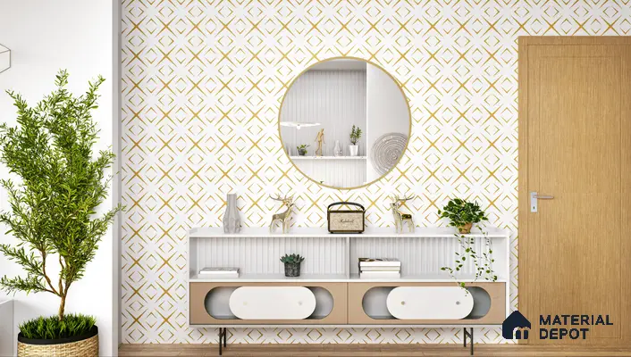 Elegant entryway with gold diamond glass highlighter tile wall.