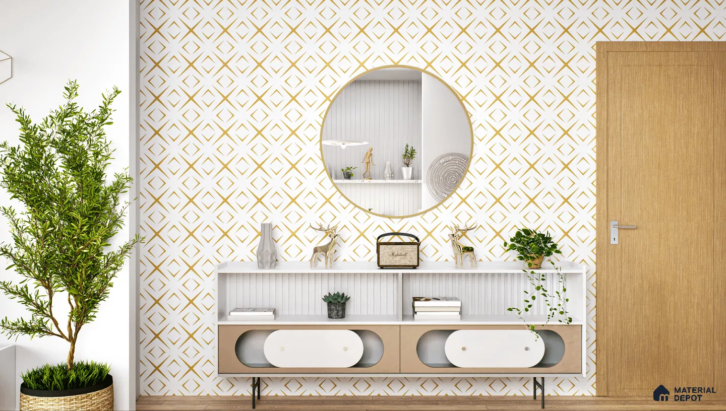 Elegant entryway with gold diamond glass highlighter tile wall.
