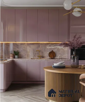 Lavish Orchid Kitchen with Striking Marble Backdrop and Gold Details | Material Depot