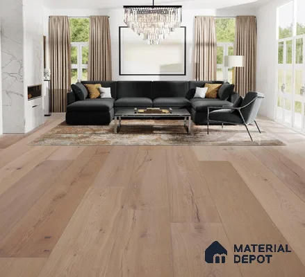 Living room with wooden flooring and black furniture