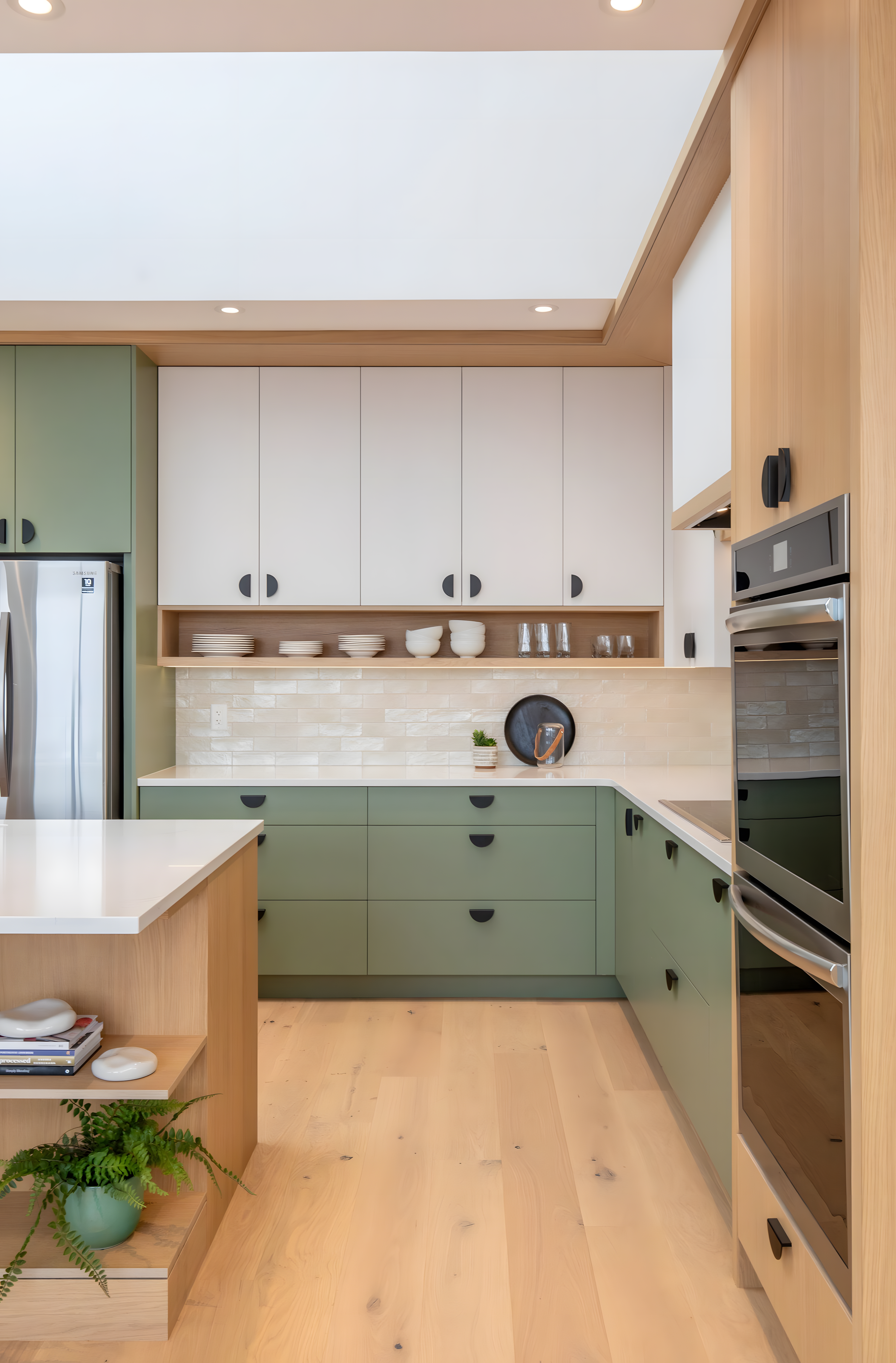 Light-Filled Modern Kitchen With Sage Green And White Cabinets | Material Depot