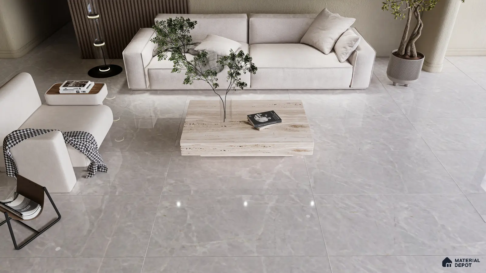 Light Grey Glossy Marble Tiles for a Sleek and Modern Living Room | Material Depot