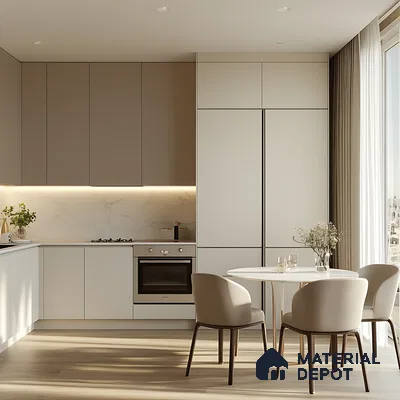 Modern Light-Colored Kitchen with Built-In Dining and Natural Lighting | Material Depot